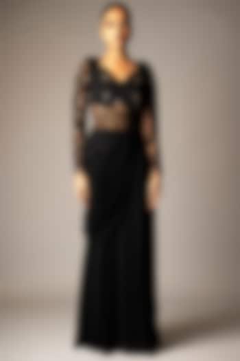 Black Georgette 3D Resham & Bead Embroidered Draped Wedding Gown Saree by Vivek Patel at Pernia's Pop Up Shop