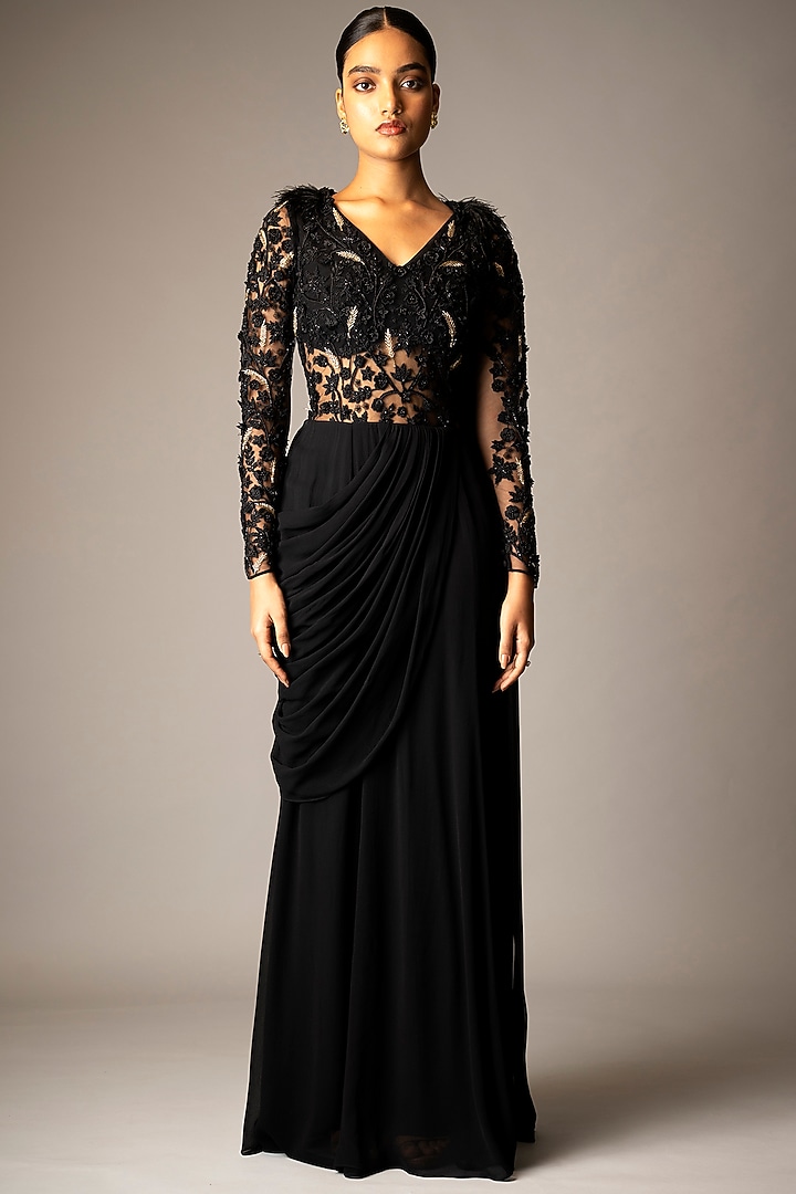 Black Georgette 3D Resham & Bead Embroidered Draped Wedding Gown Saree by Vivek Patel at Pernia's Pop Up Shop