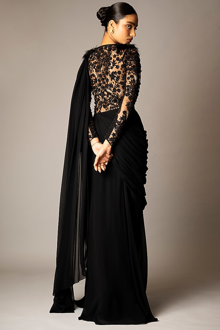 Black Georgette 3D Resham & Bead Embroidered Draped Wedding Gown Saree by Vivek Patel at Pernia's Pop Up Shop