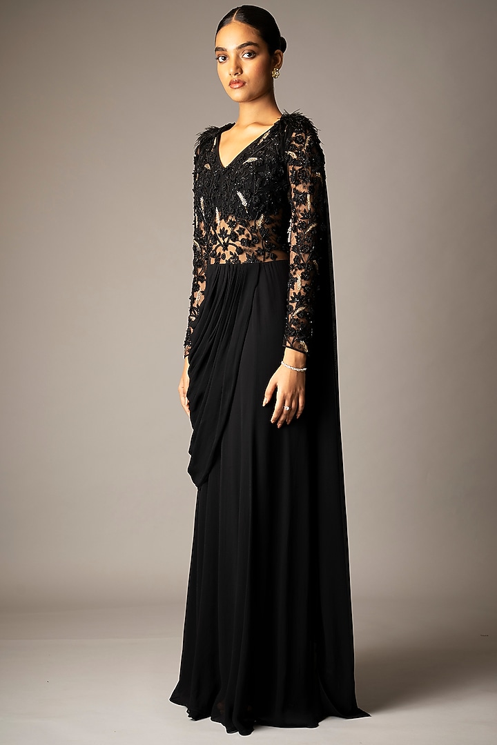Black Georgette 3D Resham & Bead Embroidered Draped Wedding Gown Saree by Vivek Patel at Pernia's Pop Up Shop