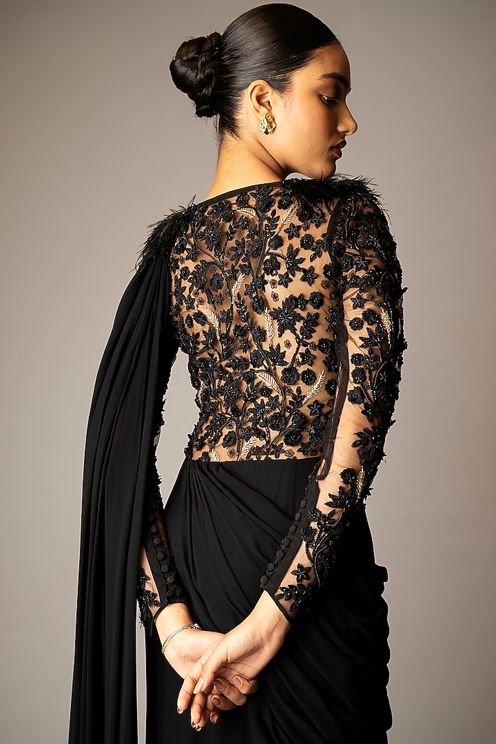 Black Georgette 3D Resham & Bead Embroidered Draped Wedding Gown Saree by Vivek Patel at Pernia's Pop Up Shop