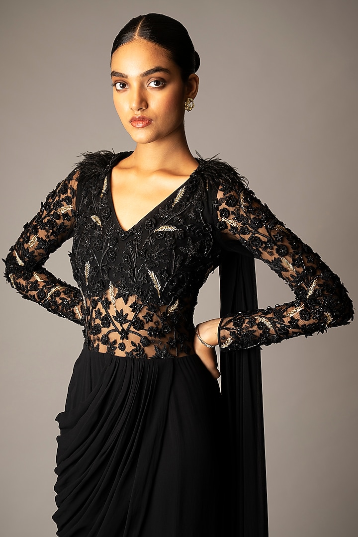 Black Georgette 3D Resham & Bead Embroidered Draped Wedding Gown Saree by Vivek Patel at Pernia's Pop Up Shop
