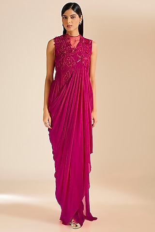 Pink Georgette 3D Embellished Draped Gown by Vivek Patel