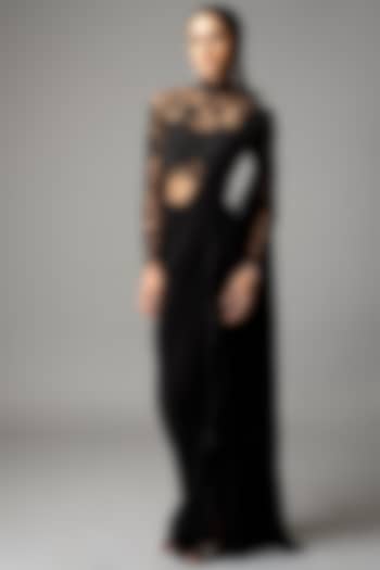 Black Georgette Resham & Sequins Embroidered Ruffled Draped Wedding Gown Saree by Vivek Patel at Pernia's Pop Up Shop