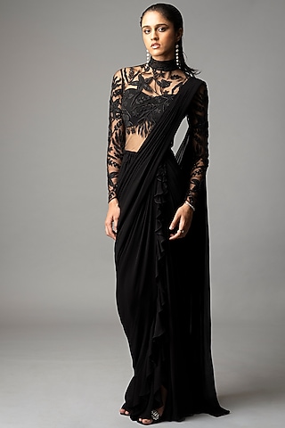 Black Georgette Resham & Sequins Embroidered Ruffled Draped Gown Saree by Vivek Patel