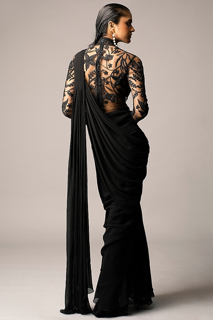 Black Georgette Resham & Sequins Embroidered Ruffled Draped Wedding Gown Saree by Vivek Patel at Pernia's Pop Up Shop