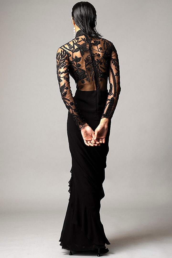 Black Georgette Resham & Sequins Embroidered Ruffled Draped Wedding Gown Saree by Vivek Patel at Pernia's Pop Up Shop