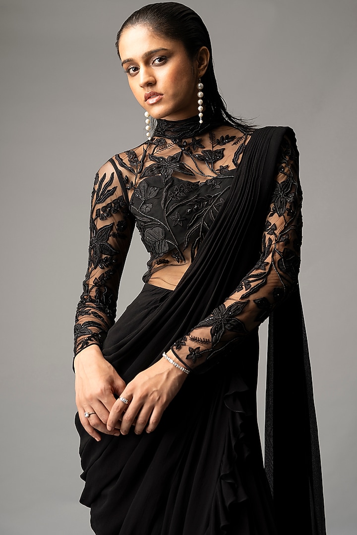 Black Georgette Resham & Sequins Embroidered Ruffled Draped Wedding Gown Saree by Vivek Patel at Pernia's Pop Up Shop