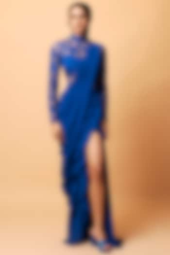 Teal Blue Georgette Resham & Sequins Embroidered Ruffled Draped Wedding Gown Saree by Vivek Patel at Pernia's Pop Up Shop