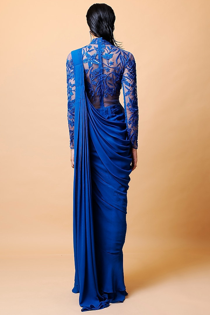 Teal Blue Georgette Resham & Sequins Embroidered Ruffled Draped Wedding Gown Saree by Vivek Patel at Pernia's Pop Up Shop