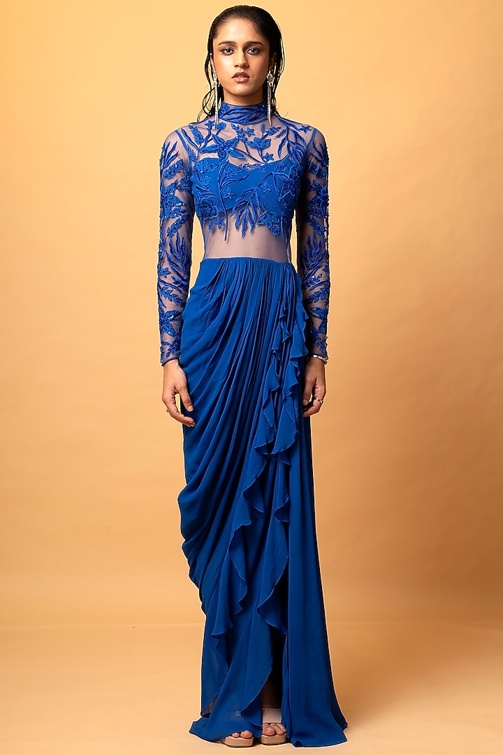 Teal Blue Georgette Resham & Sequins Embroidered Ruffled Draped Wedding Gown Saree by Vivek Patel at Pernia's Pop Up Shop