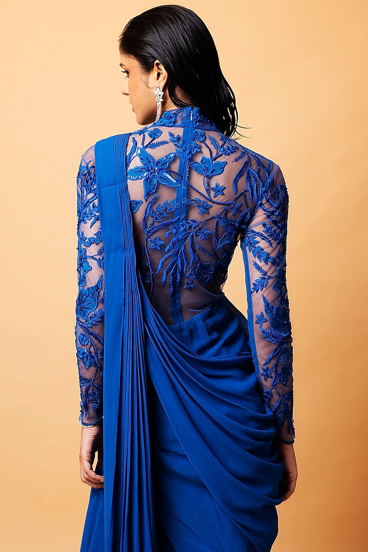 Teal Blue Georgette Resham & Sequins Embroidered Ruffled Draped Wedding Gown Saree by Vivek Patel at Pernia's Pop Up Shop