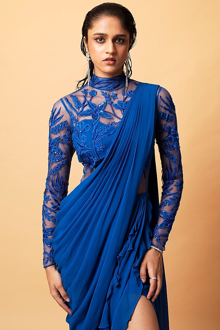 Teal Blue Georgette Resham & Sequins Embroidered Ruffled Draped Wedding Gown Saree by Vivek Patel at Pernia's Pop Up Shop