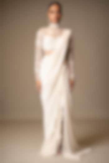 Ivory Georgette Resham & Sequins Embroidered Ruffled Draped Wedding Gown Saree by Vivek Patel at Pernia's Pop Up Shop