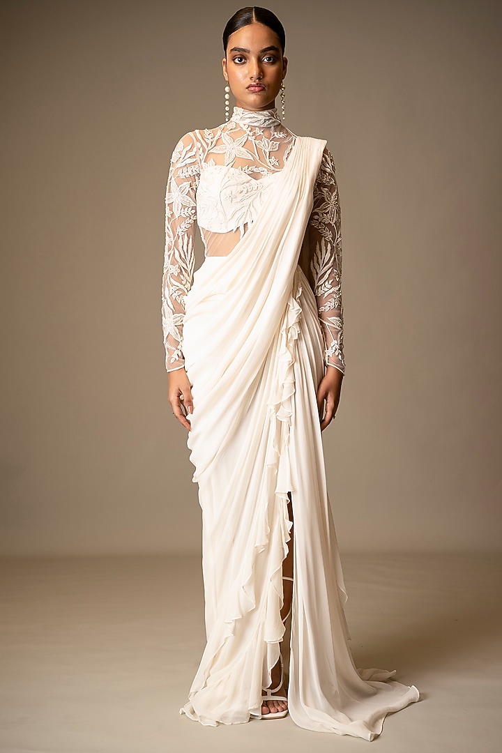 Ivory Georgette Resham & Sequins Embroidered Ruffled Draped Wedding Gown Saree by Vivek Patel at Pernia's Pop Up Shop
