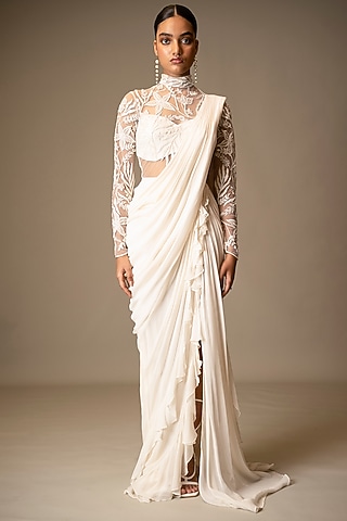 Ivory Georgette Resham & Sequins Embroidered Ruffled Draped Gown Saree by Vivek Patel