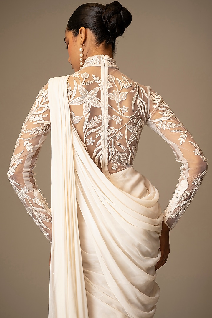 Ivory Georgette Resham & Sequins Embroidered Ruffled Draped Wedding Gown Saree by Vivek Patel at Pernia's Pop Up Shop