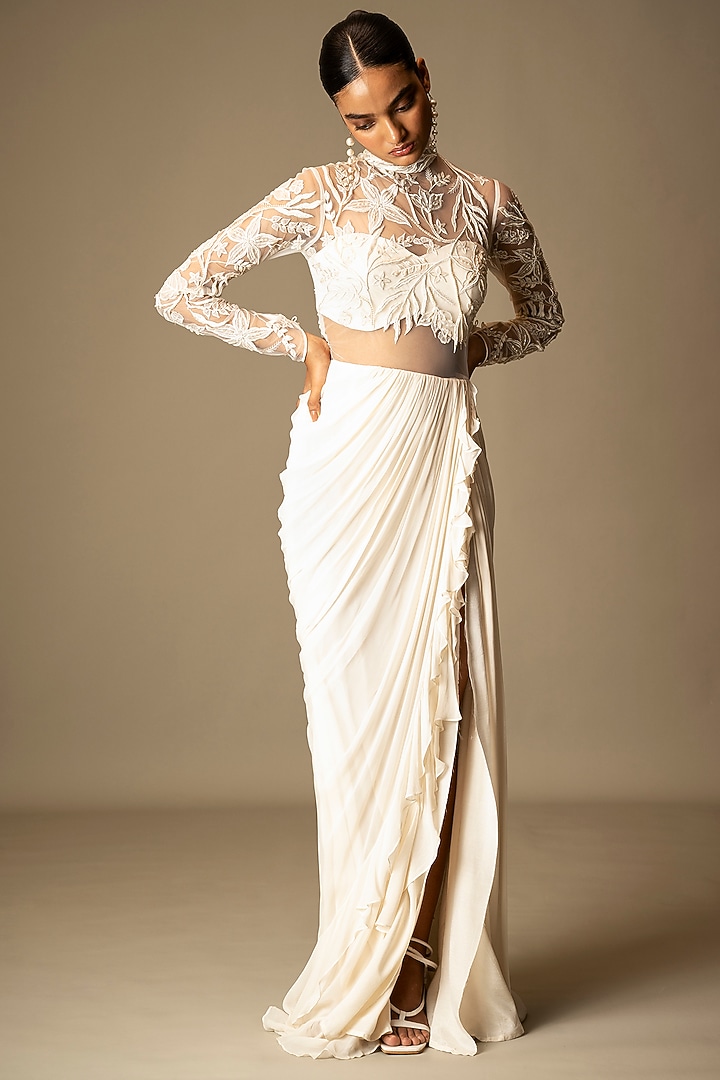 Ivory Georgette Resham & Sequins Embroidered Ruffled Draped Wedding Gown Saree by Vivek Patel at Pernia's Pop Up Shop