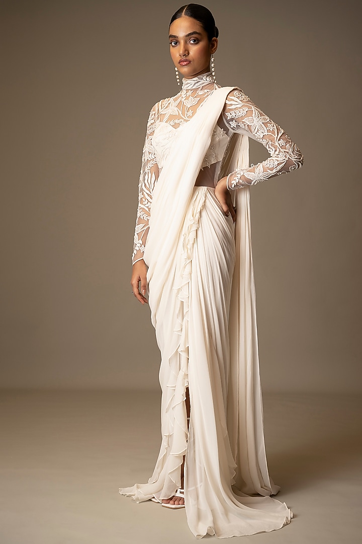 Ivory Georgette Resham & Sequins Embroidered Ruffled Draped Wedding Gown Saree by Vivek Patel at Pernia's Pop Up Shop