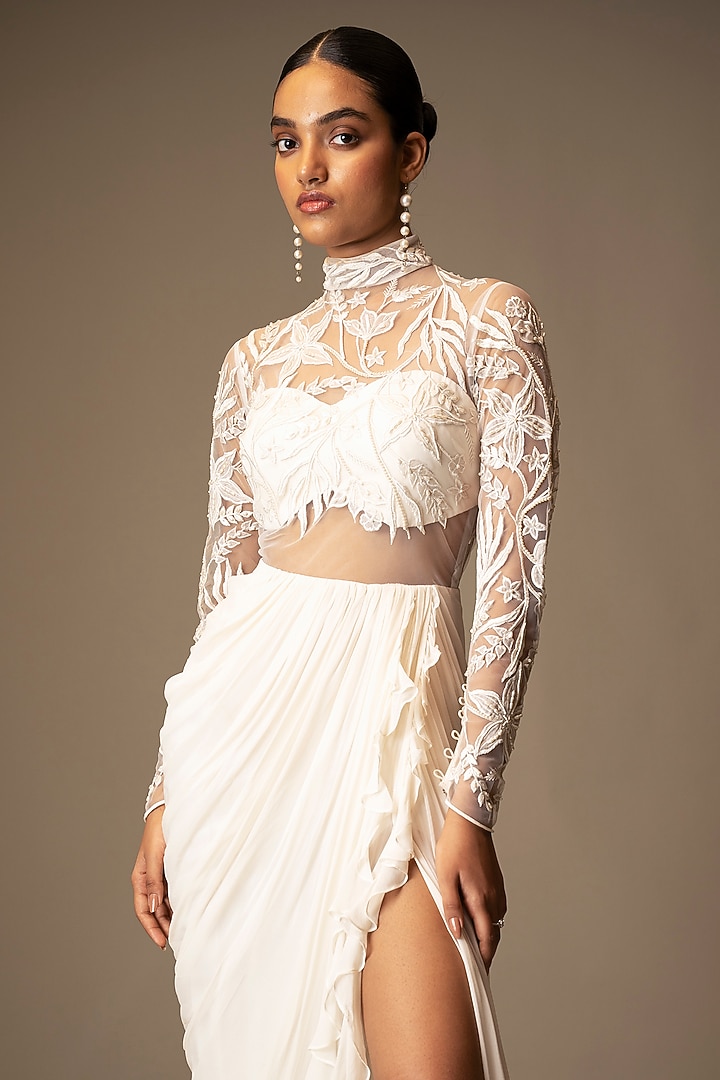 Ivory Georgette Resham & Sequins Embroidered Ruffled Draped Wedding Gown Saree by Vivek Patel at Pernia's Pop Up Shop