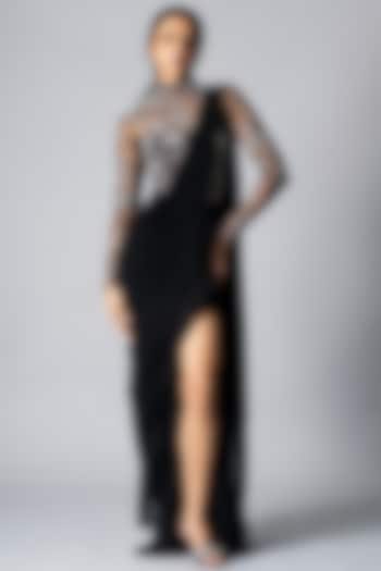 Black Georgette Pearl & Sequins Embroidered Ruffled Draped Wedding Gown Saree by Vivek Patel at Pernia's Pop Up Shop