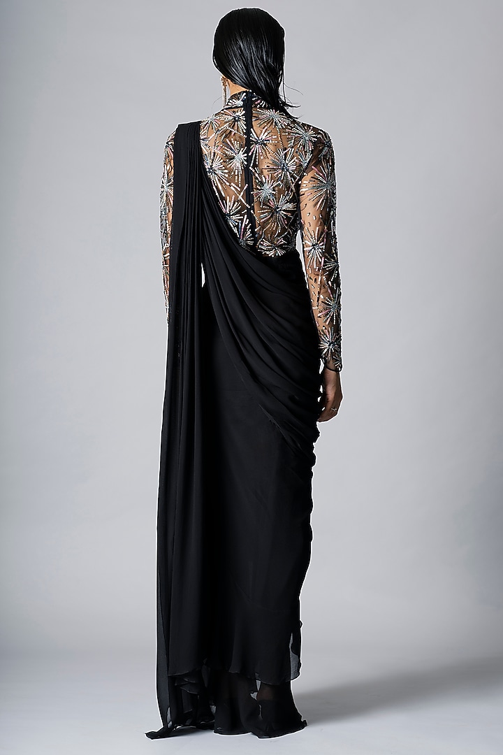 Black Georgette Pearl & Sequins Embroidered Ruffled Draped Wedding Gown Saree by Vivek Patel at Pernia's Pop Up Shop