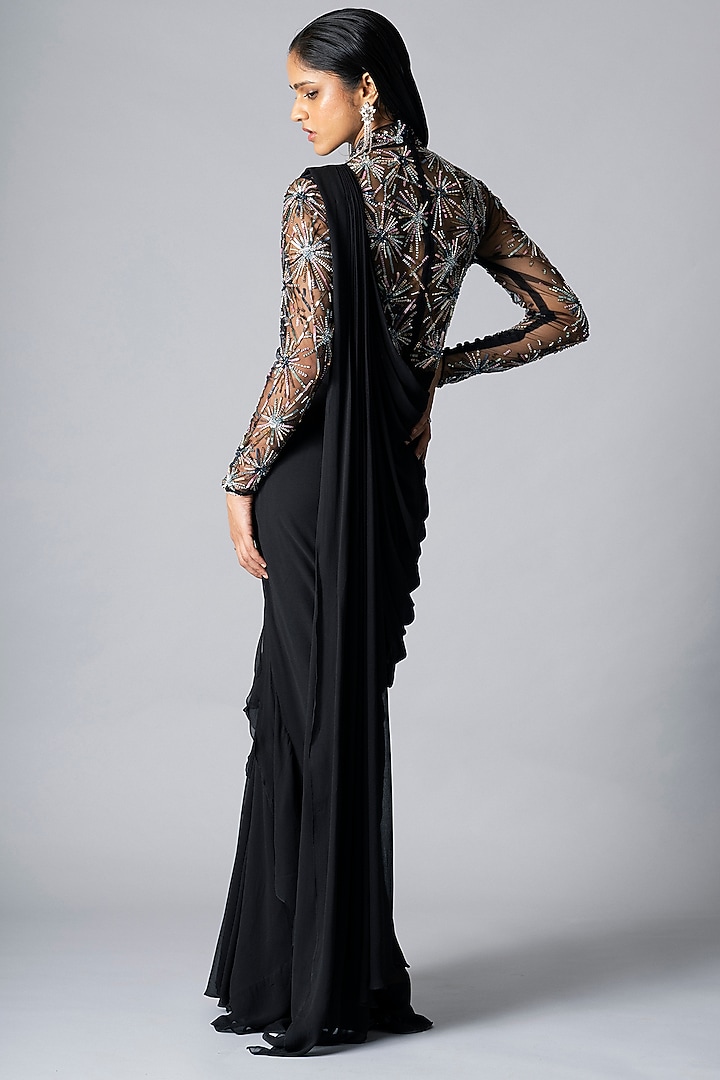 Black Georgette Pearl & Sequins Embroidered Ruffled Draped Wedding Gown Saree by Vivek Patel at Pernia's Pop Up Shop
