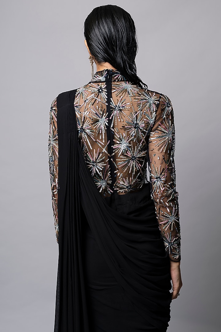 Black Georgette Pearl & Sequins Embroidered Ruffled Draped Wedding Gown Saree by Vivek Patel at Pernia's Pop Up Shop