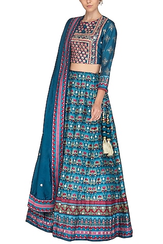 Blue Handcrafted Embroidered & Printed Lehenga Set by Vasansi Jaipur