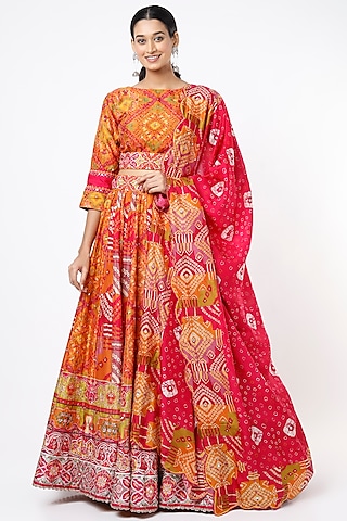 Mustard Silk Gota Patti Embroidered Lehenga Set by Vasansi Jaipur