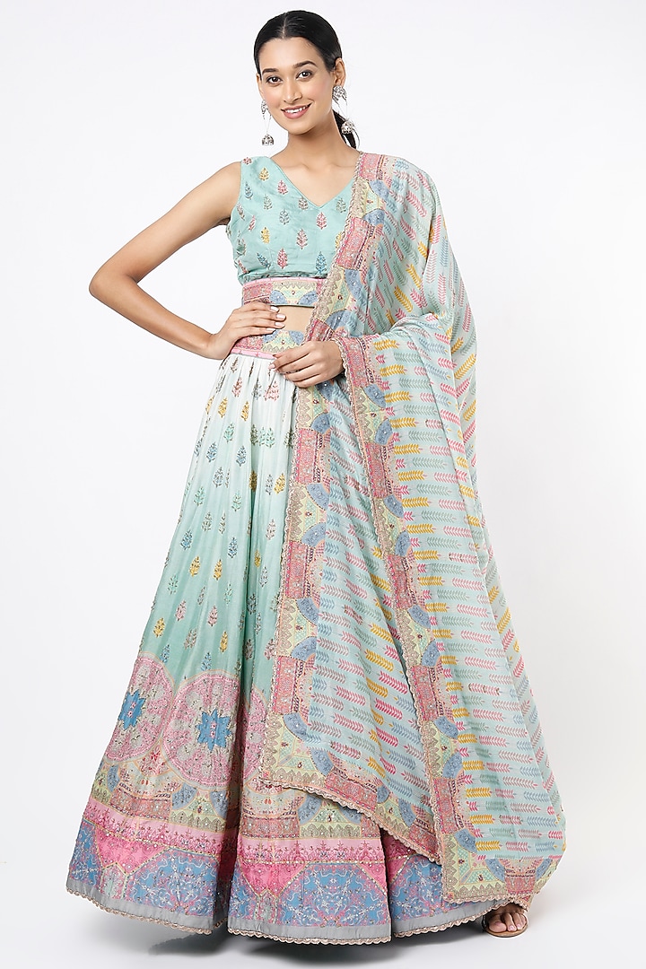 Ice Blue Silk Floral Printed Embroidered Lehenga Set by Vasansi Jaipur at Pernia's Pop Up Shop