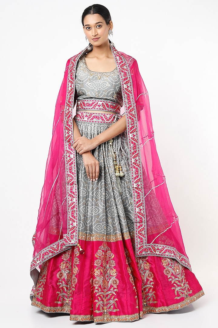 Grey & Pink Embroidered Lehenga Set by Vasansi Jaipur