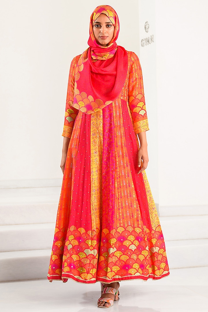 Pink & Orange Silk Printed Anarkali With Scarf by Vasansi Jaipur