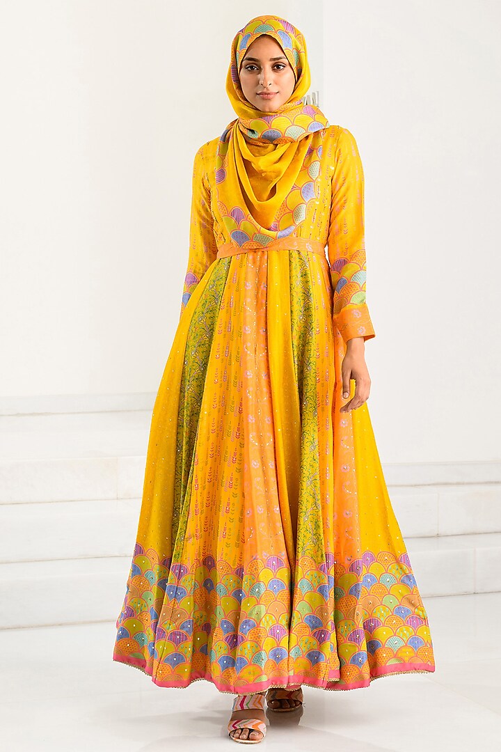 Yellow Silk Printed Anarkali With Scarf by Vasansi Jaipur