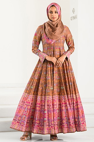 Brown Silk Floral Printed Anarkali With Scarf by Vasansi Jaipur