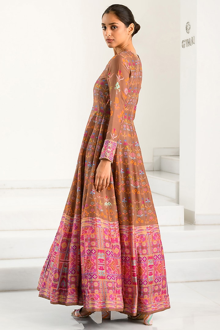 Brown Silk Floral Printed Party Wear Anarkali With Scarf by Vasansi Jaipur at Pernia's Pop Up Shop