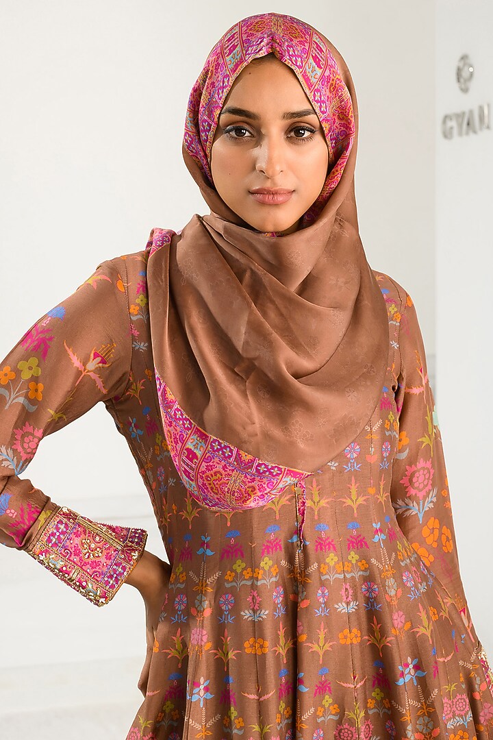 Brown Silk Floral Printed Party Wear Anarkali With Scarf by Vasansi Jaipur at Pernia's Pop Up Shop