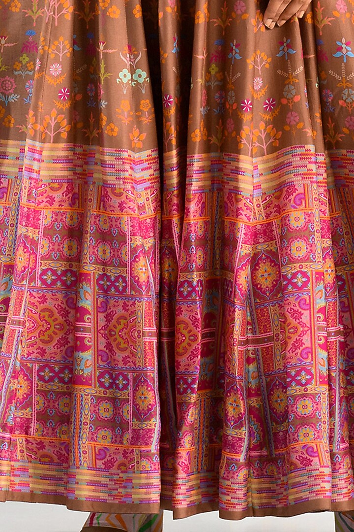 Brown Silk Floral Printed Party Wear Anarkali With Scarf by Vasansi Jaipur at Pernia's Pop Up Shop