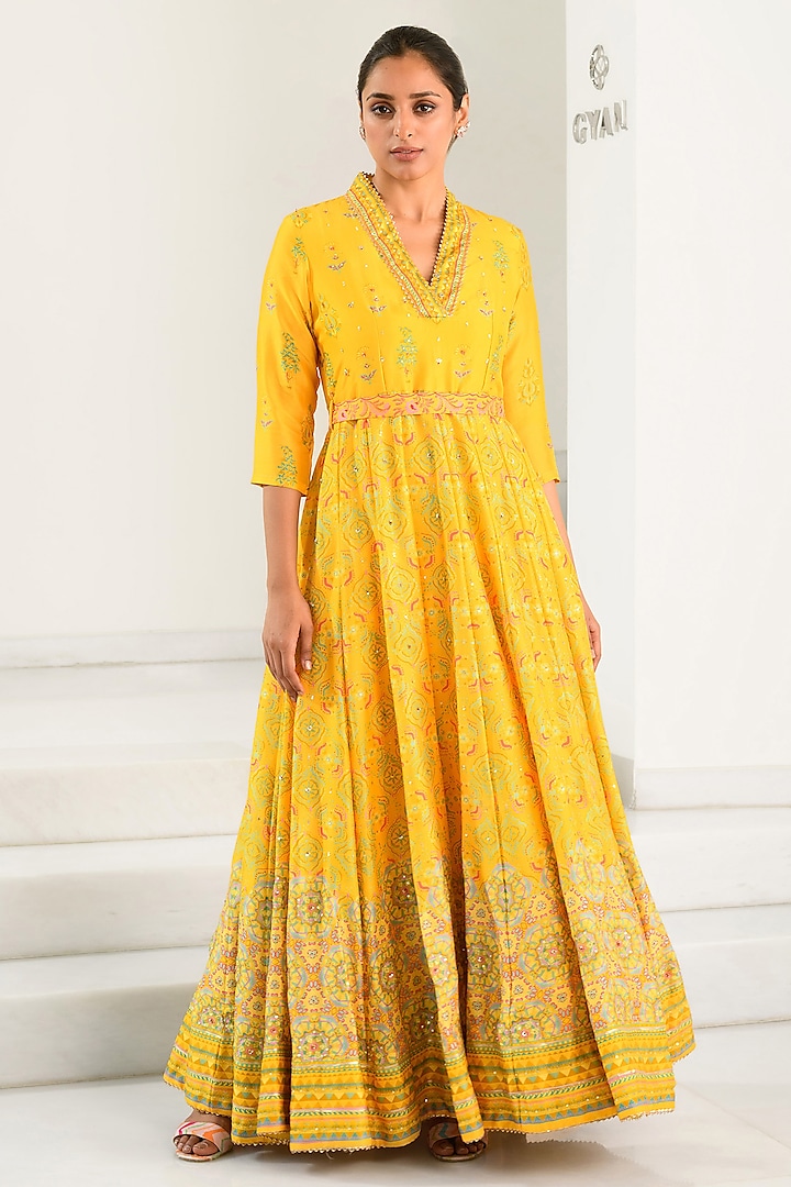 Yellow Silk Printed Anarkali With Scarf by Vasansi Jaipur
