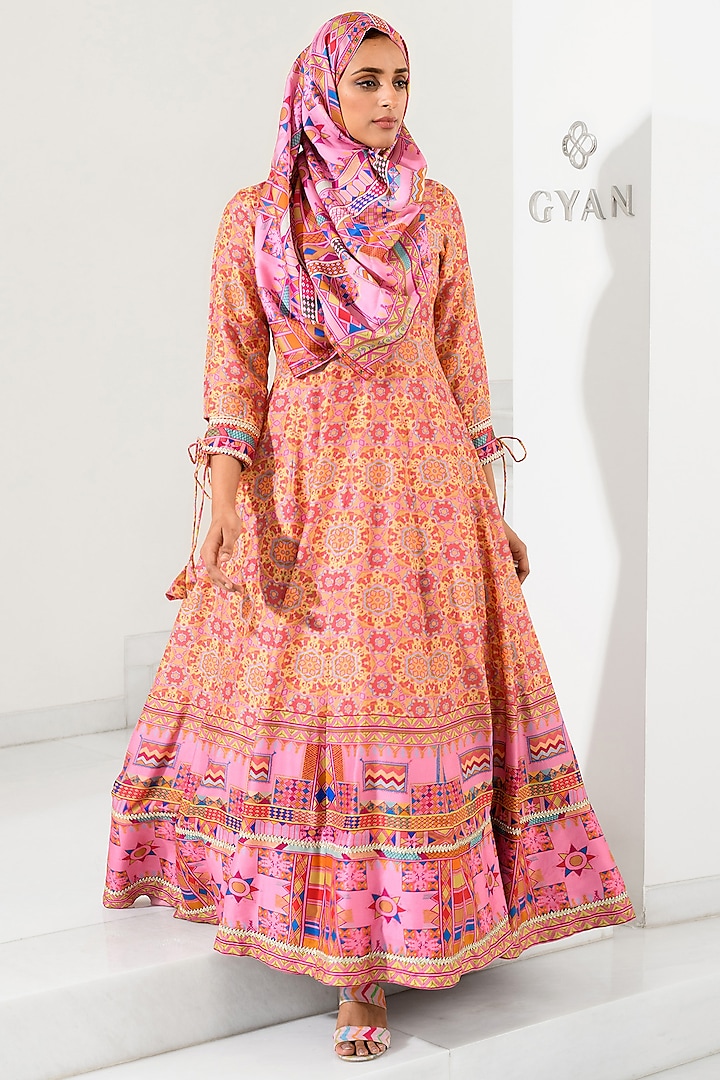 Pink Silk Printed Anarkali With Scarf by Vasansi Jaipur