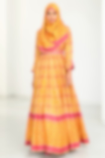 Mustard Silk Printed Anarkali With Scarf by Vasansi Jaipur at Pernia's Pop Up Shop