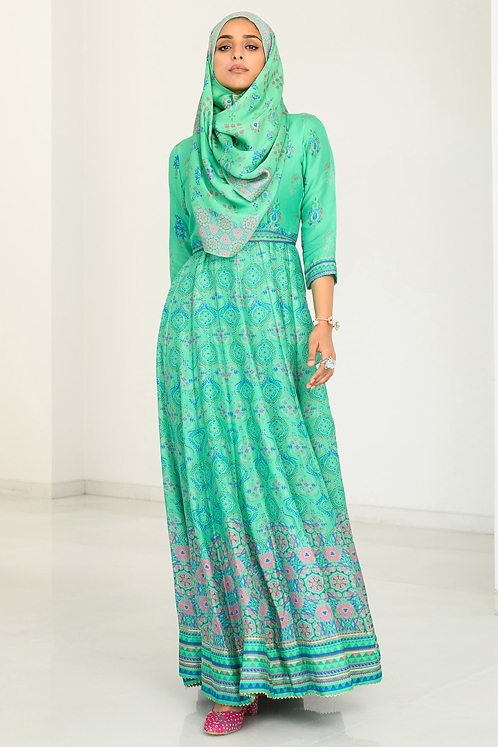 Turquoise Green Silk Printed Anarkali With Scarf by Vasansi Jaipur