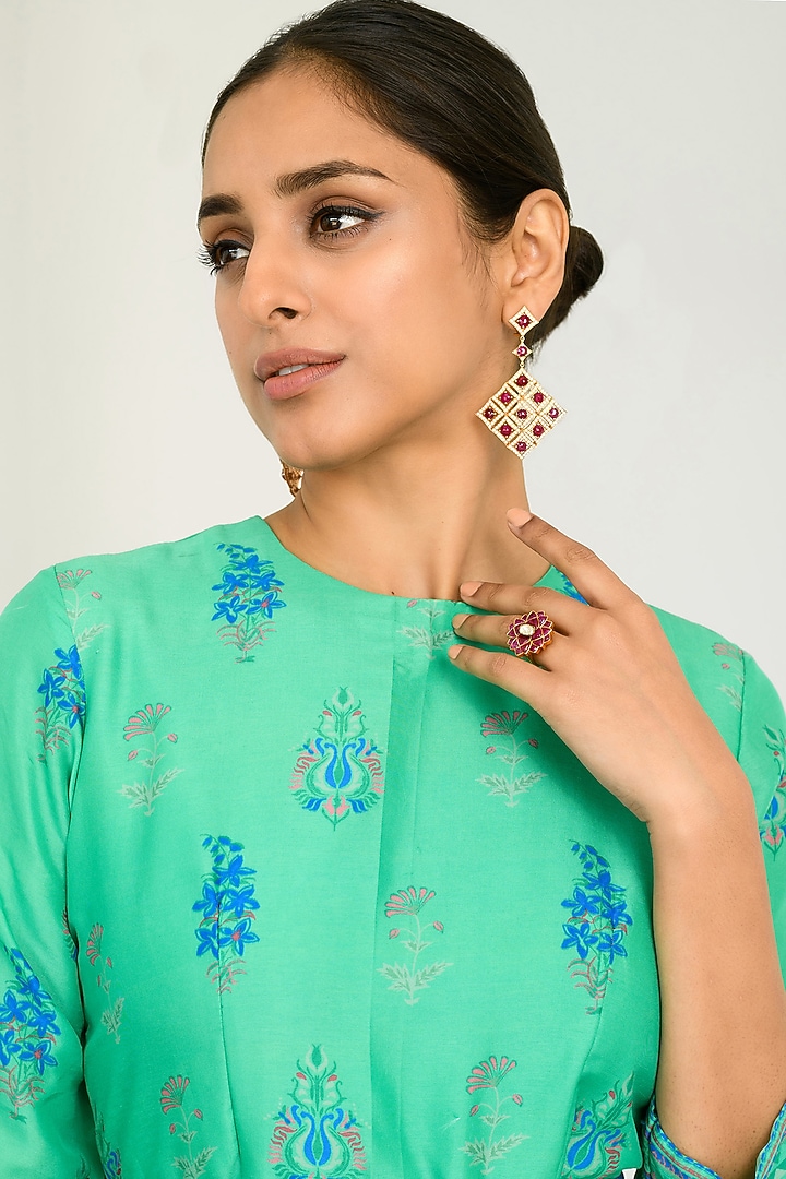 Turquoise Green Silk Printed Anarkali With Scarf by Vasansi Jaipur at Pernia's Pop Up Shop