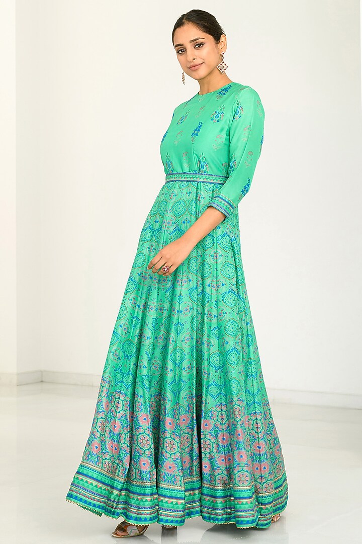 Turquoise Green Silk Printed Anarkali With Scarf by Vasansi Jaipur at Pernia's Pop Up Shop