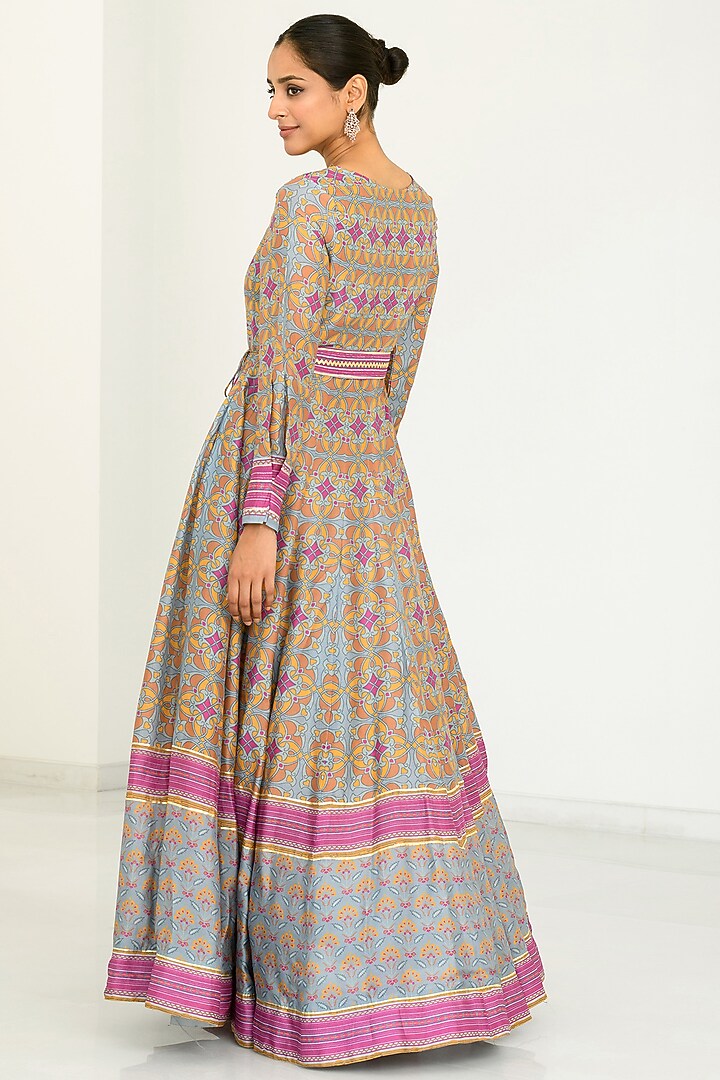 Grey Silk Printed Anarkali With Scarf by Vasansi Jaipur at Pernia's Pop Up Shop