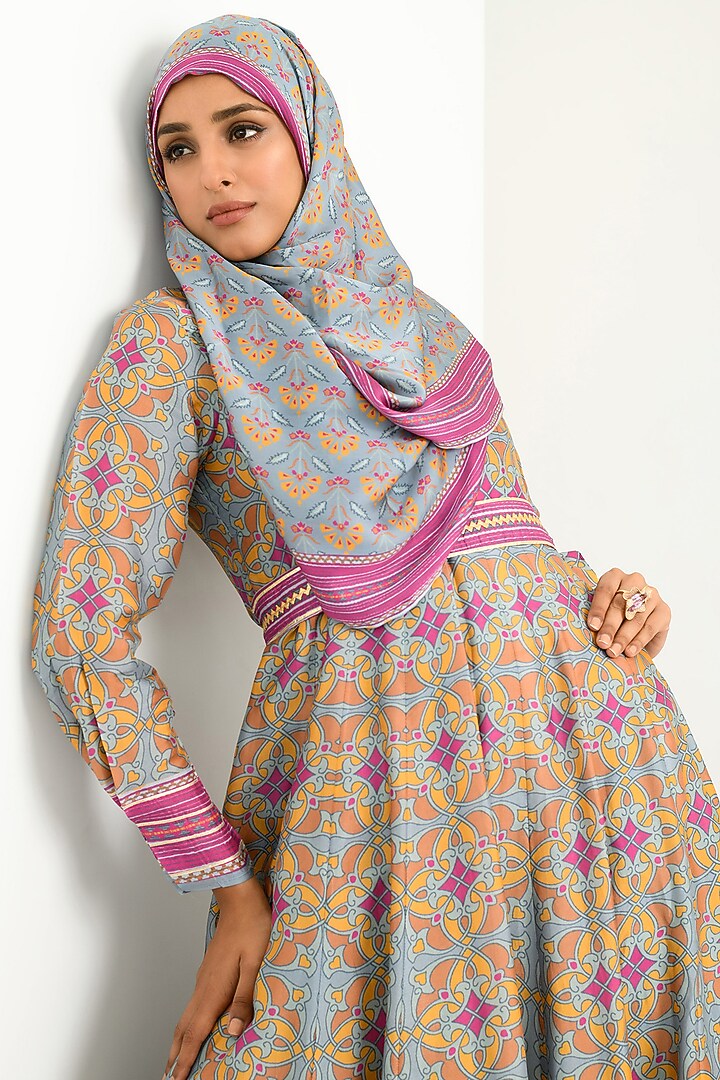 Grey Silk Printed Anarkali With Scarf by Vasansi Jaipur at Pernia's Pop Up Shop