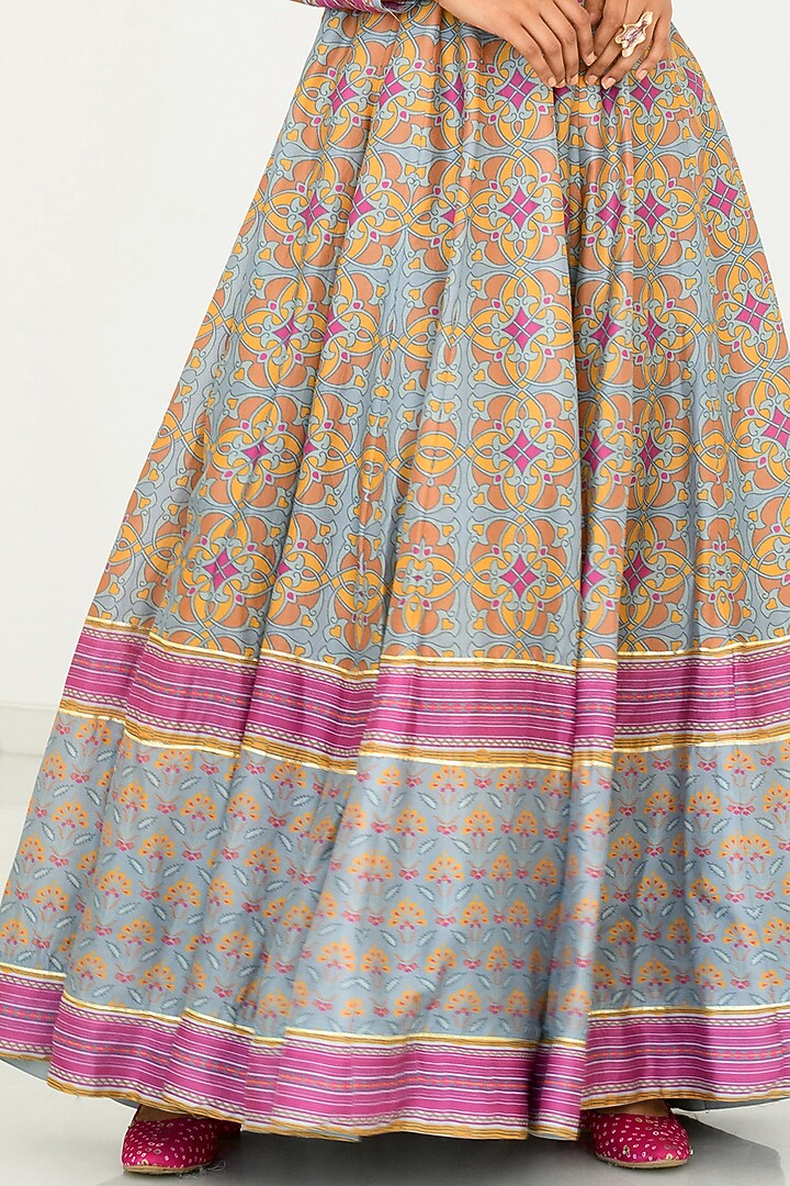 Grey Silk Printed Anarkali With Scarf by Vasansi Jaipur at Pernia's Pop Up Shop