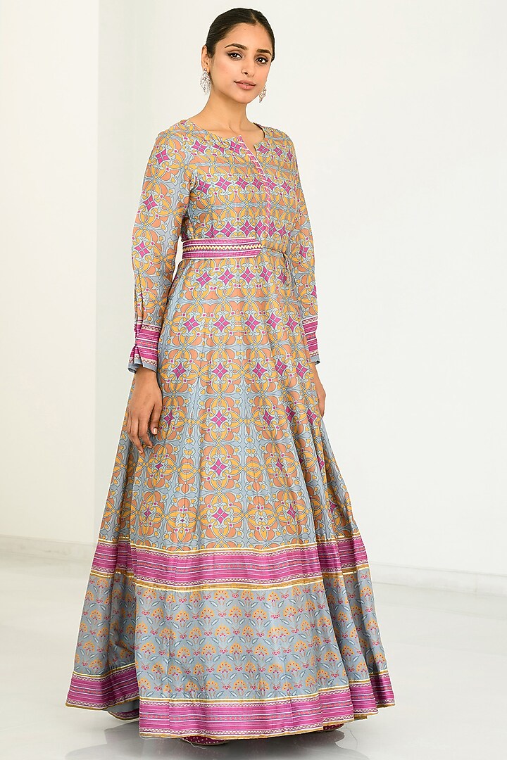 Grey Silk Printed Anarkali With Scarf by Vasansi Jaipur at Pernia's Pop Up Shop