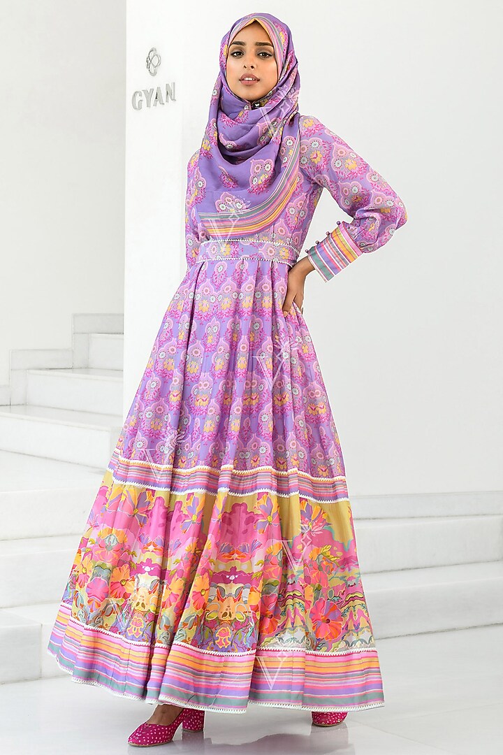 Lavender Silk Printed Anarkali With Scarf by Vasansi Jaipur at Pernia's Pop Up Shop