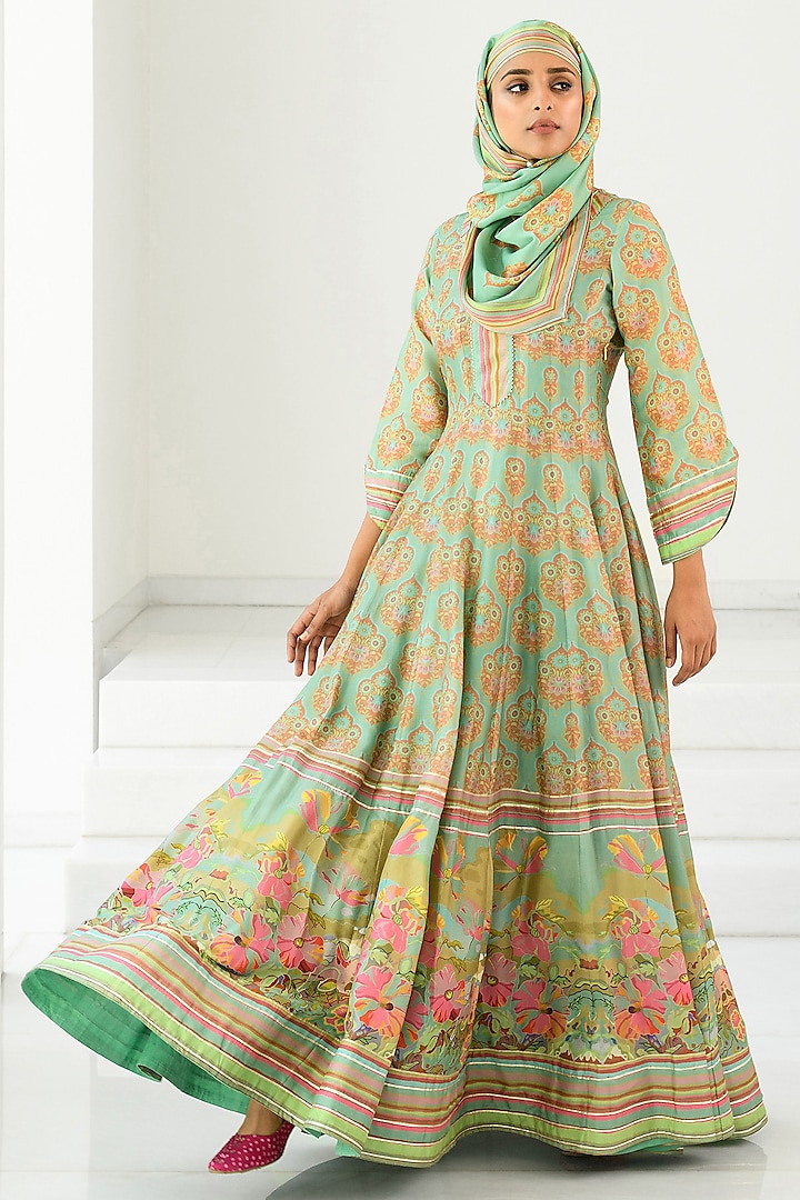 Pastel Green Silk Printed Anarkali With Scarf by Vasansi Jaipur at Pernia's Pop Up Shop